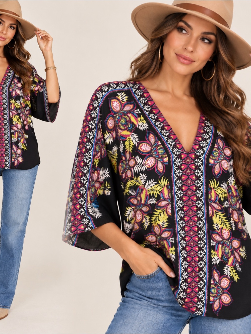 Rose & Olive Black Floral V-Neck Tunic with Pink Accents